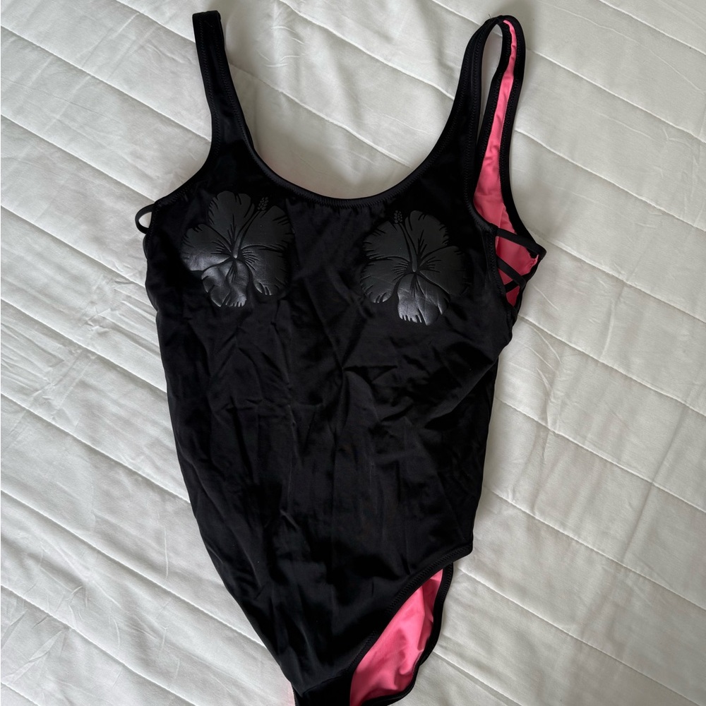 PINK Victoria's Secret Black One-Piece Swimsuit with Pink Lining
